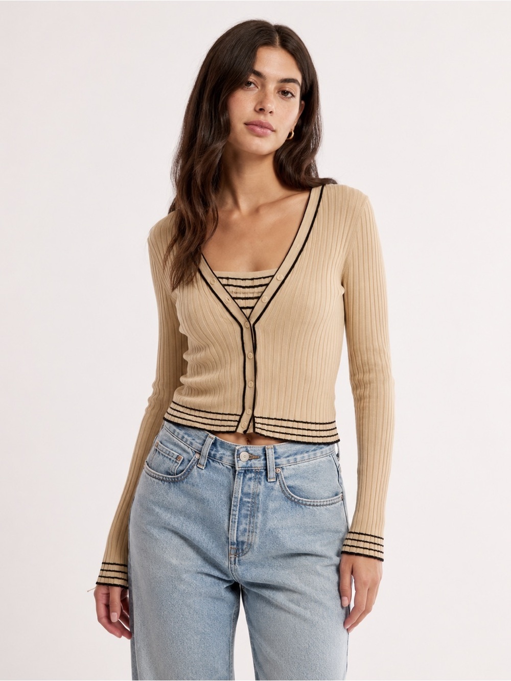 Willie Smith Beige Ribbed Cardigan & Striped Cami Set Size Small Silk Blend